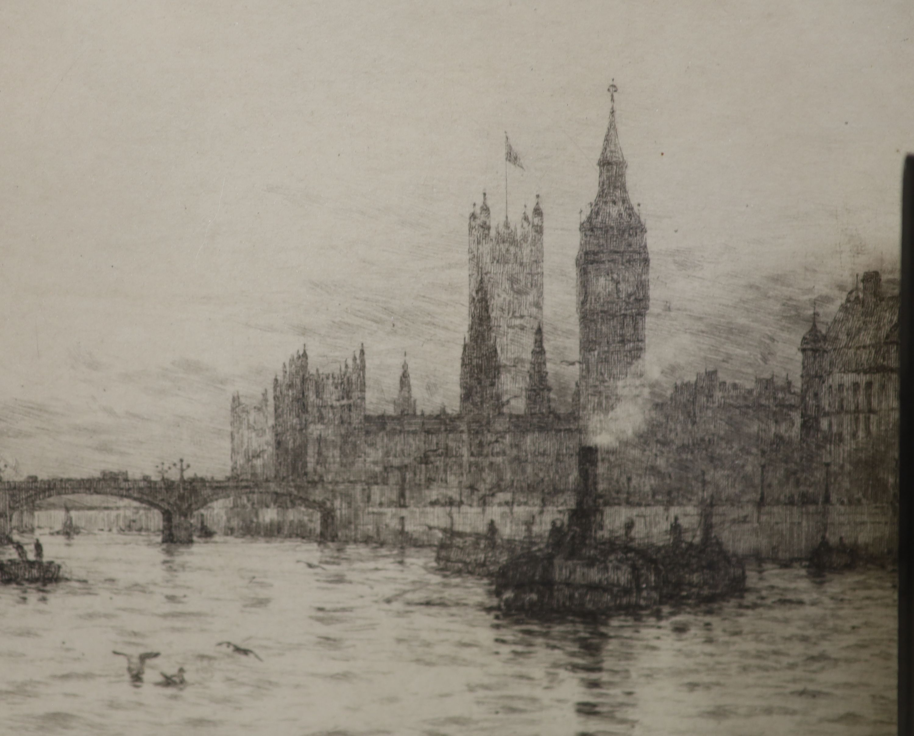 Rowland Langmaid (1897-1956), etching, Yachts and other vessels off the coast, signed in pencil, 15.5 x 30cm, another etching of Westminster, and two other prints